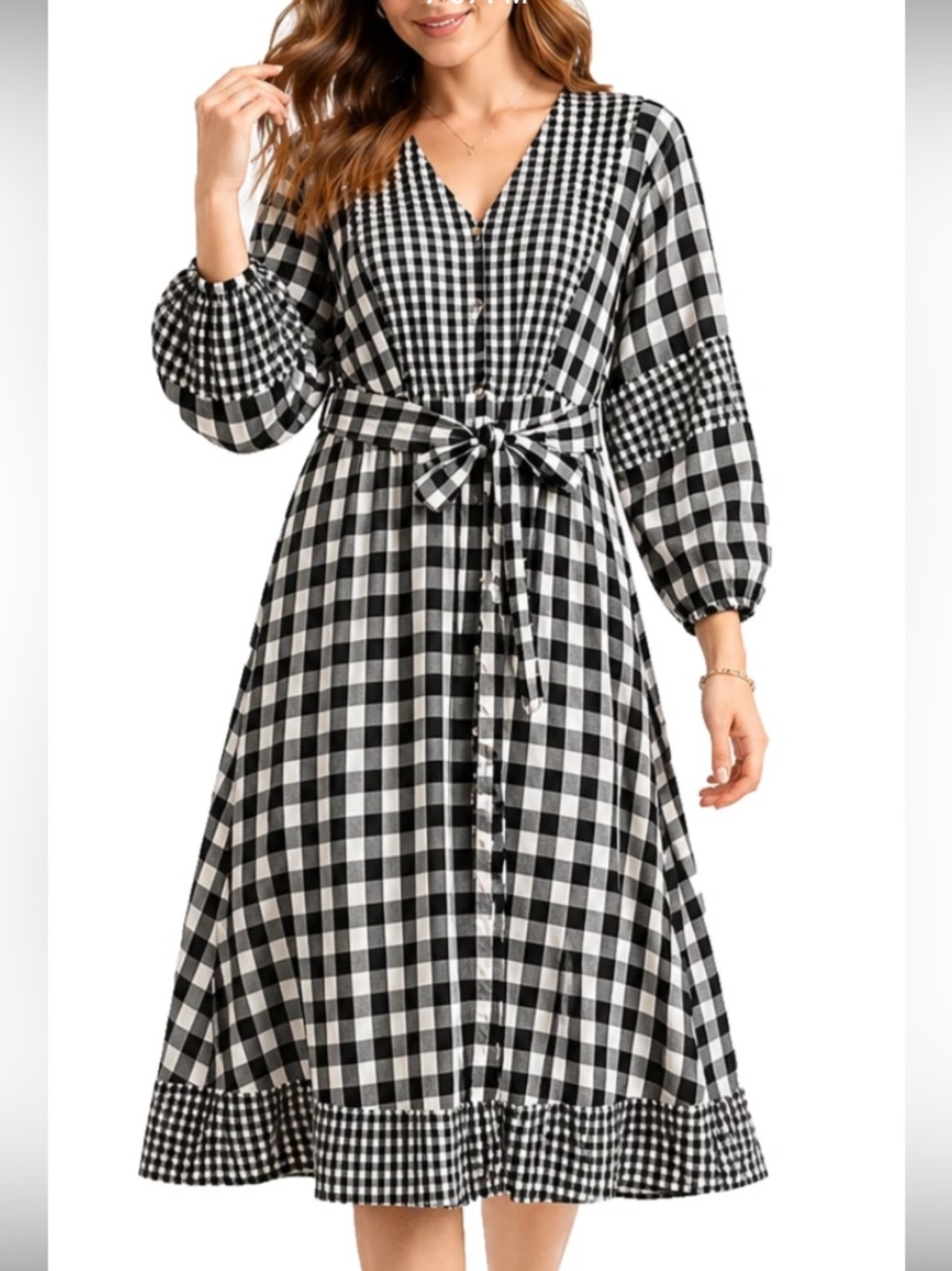 J Crew Black & White Gingham Button-Front Midi Dress with Tie Waist - Picture 2 of 14